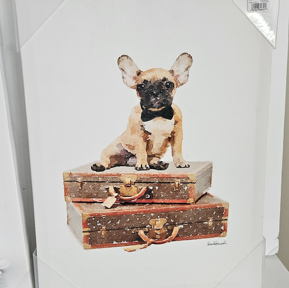 NWT Designer‎ Wall Art At Home Canvas Suitcase Stack Dog 11x15x1.5